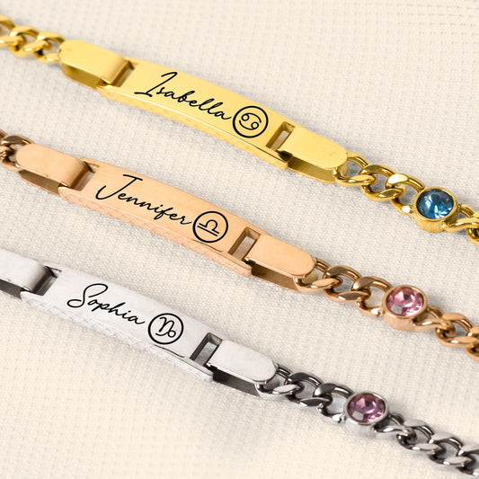 Custom Zodiac And Name - Personalized Stainless Steel Engraved Name Bracelet